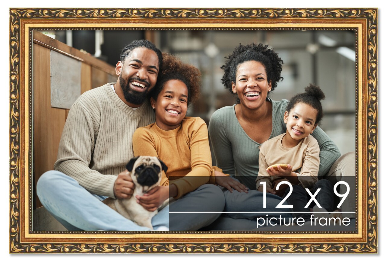 12x9 Solid Wood Antique Picture Frame with UV-Resistant Acrylic & Acid-Free Backing, Available in 4 Finishes: Bronze, Gold, Silver, and Gold with Black